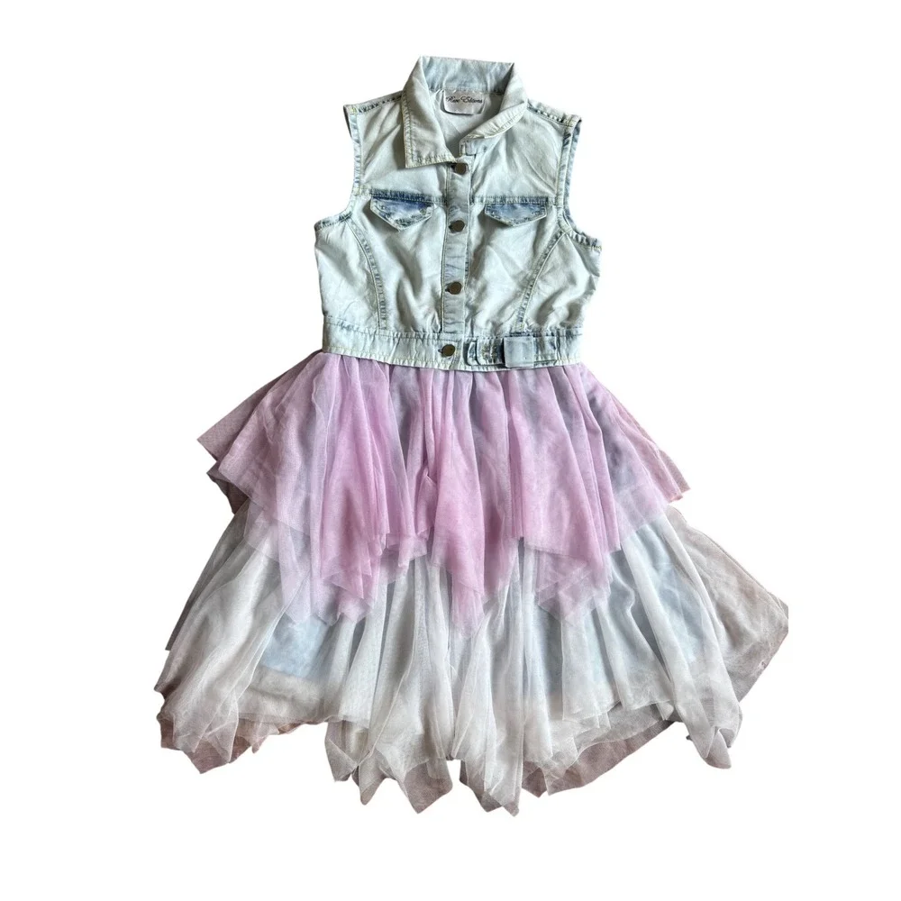 Rare Editions Girls Denim Vest Tulle Skirt Dress Pink Lavender White Size 10